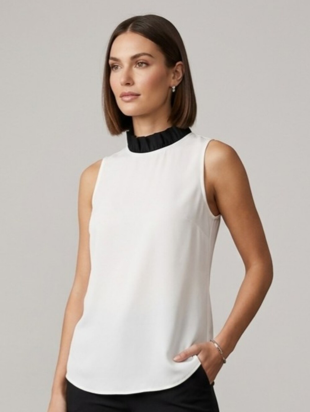 J. Crew Sleeveless White Blouse with Black Ruffle Collar